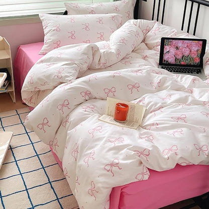 Nayoroom Pink Bow Comforter Set Queen Size Polka Dot Bowknot Printed Cute Comforter 3 Pieces Soft Lightweight Kids Girls Dorm Bedding Set for All Seasons
