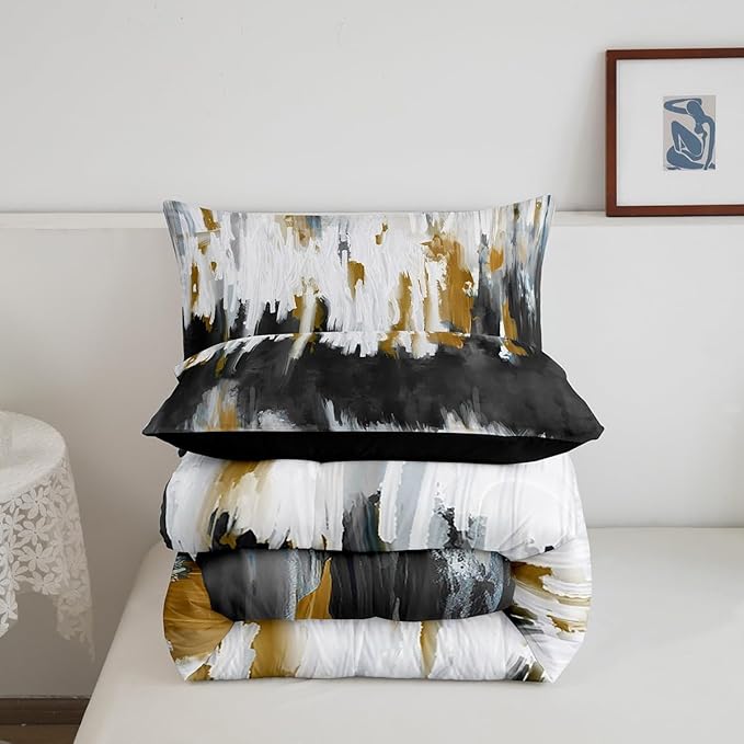 Erosebridal Black Grey Bedding King Brush Strokes Oil Painting Comforter Set, Gradient Abstract Chic Vintage Duvet Insert Ombre Graffiti Down Comforter, Contemporary Modern Bedding Comforter Sets