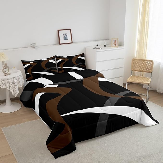 Erosebridal Abstract Black Brown Bedding Comforter Sets Dark Grey White Striped Bedding Set Queen Geometric Abstract Down Comforter for Boys Adults Men Modern Fashion Quilt Duvet