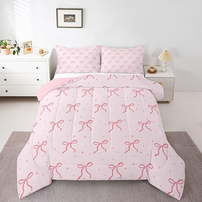 Erosebridal Pink Bow Queen Bedding Set for Girls Women Ribbon Bows Comforter Set Preppy Bows Comforter for Kids Adults Coquette Room Decor Girly Princess Pink Quilt Duvet