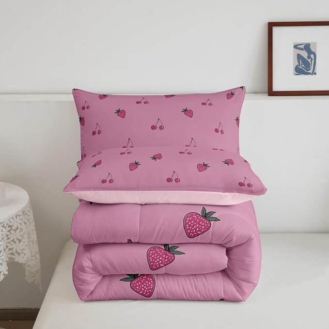 Kids Kawaii Bedding Set Queen Size Cute Strawberry Comforter Set Girls Down Comforter Room Decor Cartoon Fruit Quilt Set Girly Strawberry Cherry Duvet Set Lovely Pink White With 2 Pillowcases