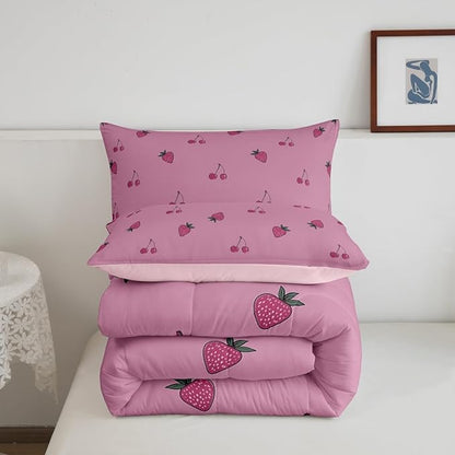 Kids Kawaii Bedding Set Twin Size Cute Strawberry Comforter Set Girls Down Comforter Room Decor Cartoon Fruit Quilt Set Girly Strawberry Cherry Duvet Set Lovely Pink White With 1 Pillowcase