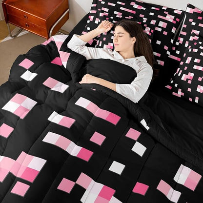 Castle Fairy Pink Geometric Grid 7 Piece Comforter Set Queen Size,Miner Theme All Season Reversible Bed in a Bag Geometric Grid Bedding Sets Pixelated Style Flat Sheet,Fitted Sheet,Pillowcases