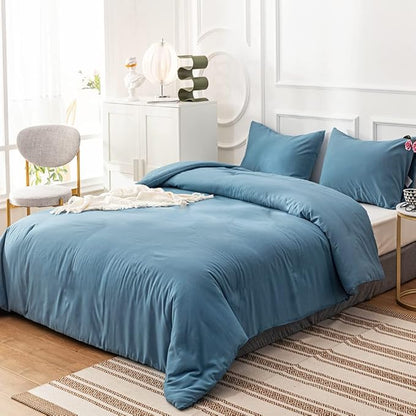 Cottonight Blue Comforter Sets Full Lake Blue Bedding Set Blanket Quilt Solid Color Modern Breathable Soft Full Bedding Comforter Sets for Women Men