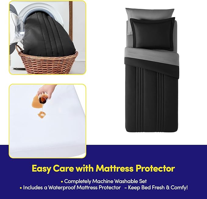 Twin XL Comforter Set College Dorm Bedding Bundle (Twin XL) – Dorm Upgrade with Comforter, Mattress Protector, Sheet Set & Sham — Stylish Quilted Stripe for Students & Shared Rooms, Black/Charcoal