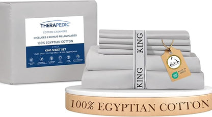 Therapedic 100% Egyptian Cotton King 6-Piece Sheet Set – Naturally Cooling & Breathable Sateen, Preshrunk Garment Wash, 16" Deep Pocket Fitted Sheet, Bonus Pillowcases, Soft & Durable - Dove