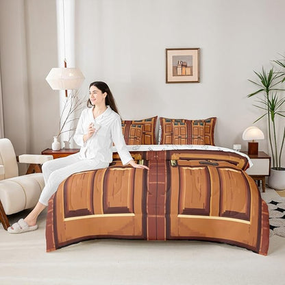 Castle Fairy Video Games Comforter Sets - 7 Pieces Full Size,Miner Door All Season Reversible Bed in a Bag Brick Red Square Bedding Set Video Games Theme Flat Sheet,Fitted Sheet,Pillowcases