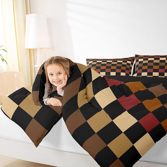 Feelyou Checkered Retro Kids Comforter Set Toddler Size Brown Red Black Plaid Bedding Set Geometric Vintage Duvet Quilt for Kids Boys Girls Bedroom Modern Simple Groovy Aesthetic Decor