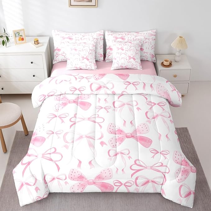Feelyou Pink Bow Comforter Set with Sheets 7 Piece Twin Size Cute Bowknot Bed in a Bag Kids Boys Girls Pricess Style Bedding Set Kawaii Bedroom Decor Breathable Soft Lightweight Microfiber