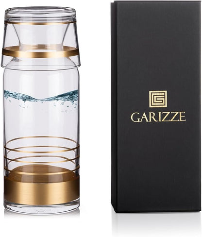 GARIZZE Bedside Water Carafe and Glass Set for Bedroom, Bedside Carafe and Glass Set, Mouthwash Decanter for Bathroom, Water Carafe with Glass Cup for Nightstand (24-oz/7-oz)(GOLD STRIPE)Standard Pack