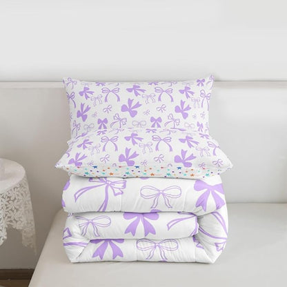 Erosebridal Cute Coquette Bowknot Comforter Set Purple Dreamy Bow King Bedding Set for Girls,Princess Style Kawaii Comforter Sets Purple Watercolor Bow Tie Bed Set for Kids Teen Women