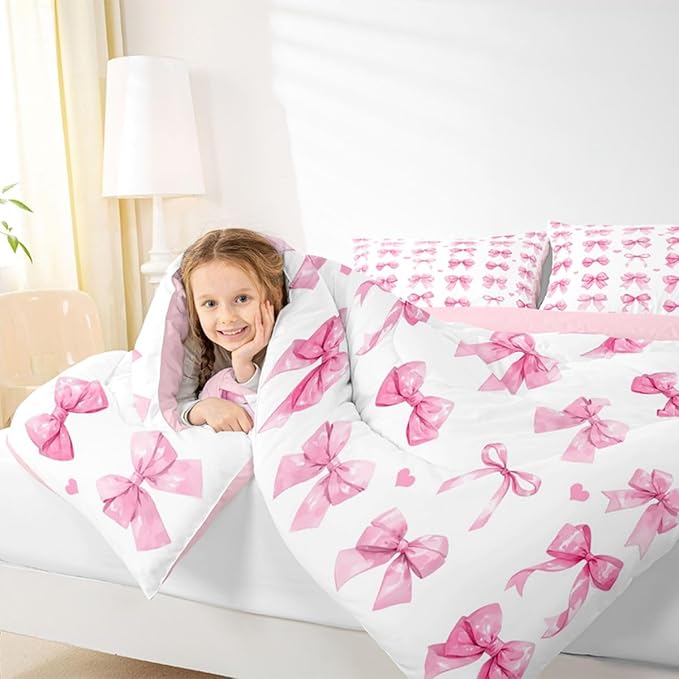 Castle Fairy Bow Bedding Sets King Size Girls Pink Bow Room Decor Coquette Style Bowknot Bedroom Decor for Kids Teens Woman Pink Watercolor Quilted Duvet Bed in a Bag 2 Pillowcase