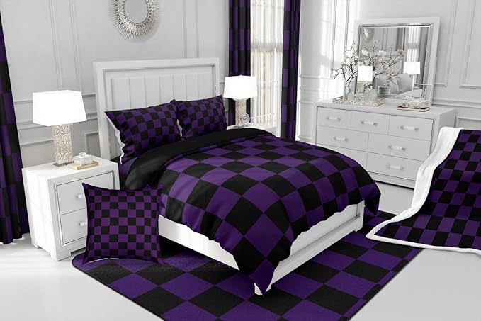 Checkered Bedding Set for Boys Girls Purple Black Plaid Comforter Set Full Size Cute Retro Neutral Checkerboard Geometric Duvet Quilt Vintage Aesthetic Bedroom Decor 3 Pcs with 2 Pillow Cases
