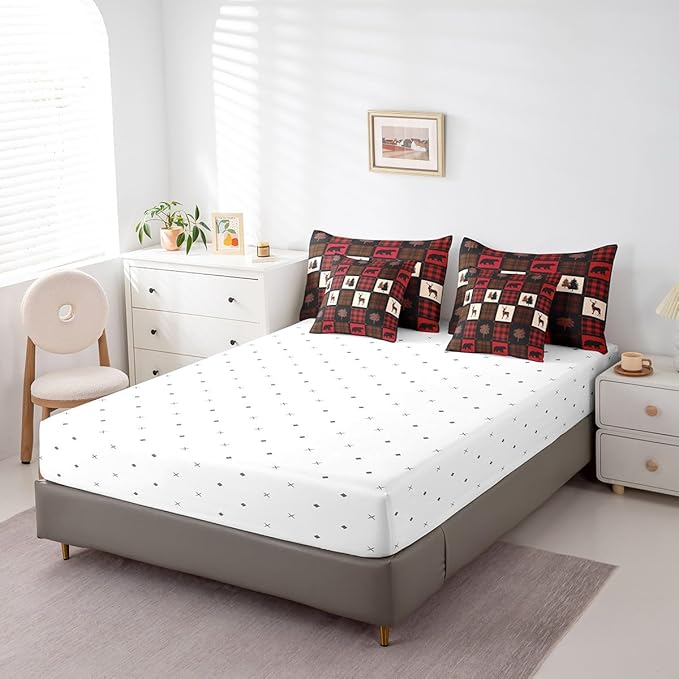 Erosebridal 7 Pcs Cabin Deer Comforter Set Full Size,Hunting Deer Bed in a Bag with Flat Fitted Sheet for Kids and Adults,Camping Woodland Plaid Bedding Set with Pillowcases and Cushion Cases