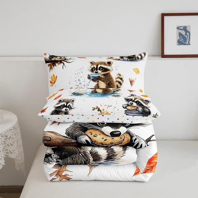 Fall Jungle Kids Comforter Full,Kawaii Raccoon Animals Bedding Set for Girls Youth Bedroom Decor,Retro Autumn Fallen Leaves Reversible Quilt Sets,Cute Wildlife Bedding Comforter Set,Soft Fluffy