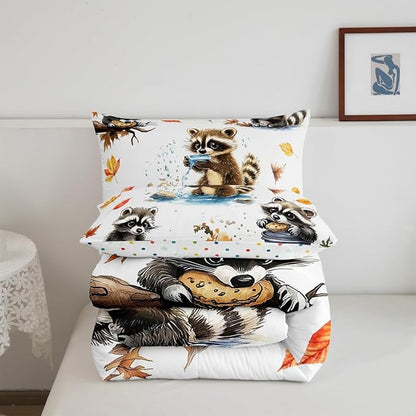 Fall Jungle Kids Comforter Queen,Kawaii Raccoon Animals Bedding Set for Girls Youth Bedroom Decor,Retro Autumn Fallen Leaves Reversible Quilt Sets,Cute Wildlife Bedding Comforter Set,Soft Fluffy