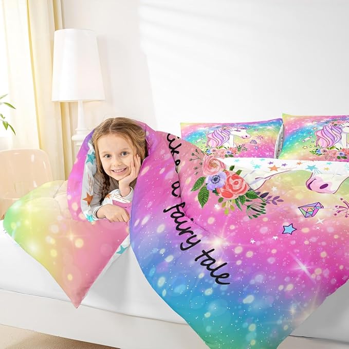 Unicorn Gifts for Girls,Kawaii Comforter Set Glitter Galaxy Bedding Set for Kids Toddler,Cartoon Magical Animal Duvet Insert Cute Horse Quilt Twin,Rainbow Unicorn Room Decor for Girls Bedroom