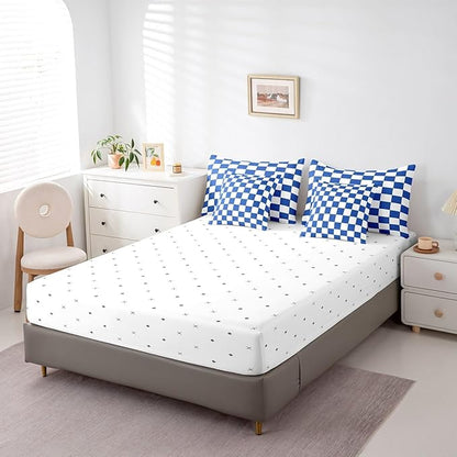 Feelyou Checkered Retro 7 Piece Bedding Set Teen Women Men Blue White Plaid Comforter Set with Sheets Twin Size Kids Boys Geometric Vintage Bed in a Bag Modern Simple Groovy Aesthetic Room Decor