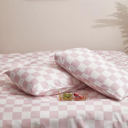 KAREVER Pink Grid Comforter Full Pink Plaid Bedding Set Girls Pink White Checkered Bed Comforter Set Breathable Blanket Set Kids Durable Bedding Comforter Set