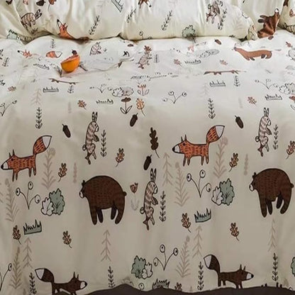 Houseri Beige Bear Comforter Set Queen Teen Girls Woodland Kawaii Fox Rabbit Cartoon Bedding Sets Full Size Boys Animal Patterned Comforter Comfy Soft Forest Theme Dorm Bed Quilt Blanket Full 3 PCS