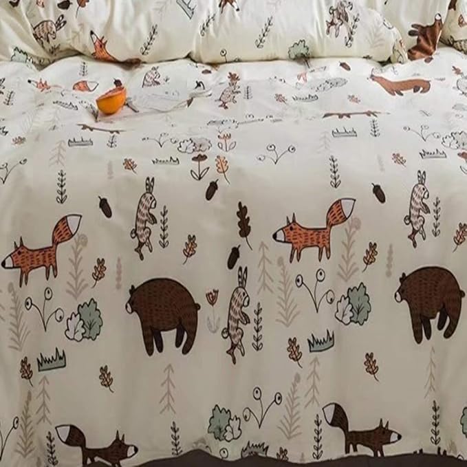Houseri Beige Bear Comforter Set Twin Size 3 Pieces Toddler Girls Boys Woodland Theme Cartoon Bedding Sets Ultra Comfy Fox Rabbit Forest Animal Print Breathable Soft Bed Quilt Blanket Twin Kids Gift