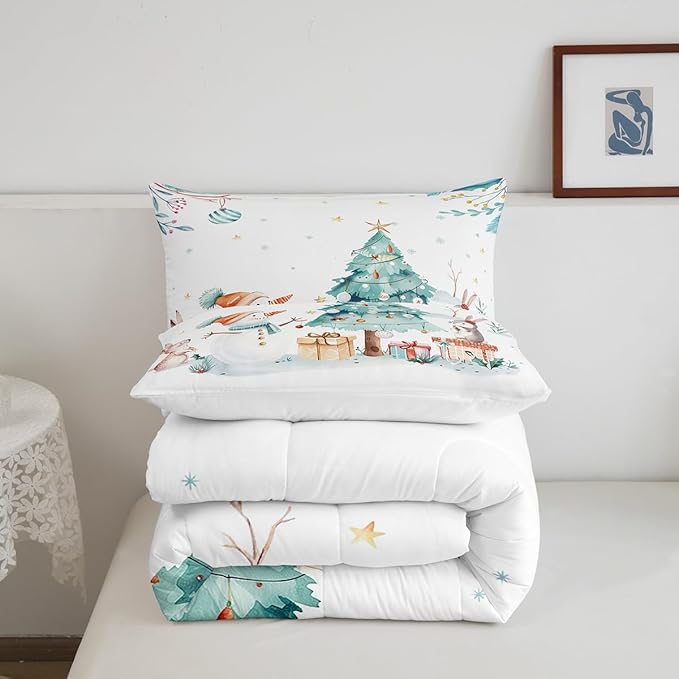 Cute Snowman Comforter Set Full Size,Cartoon Rabbit Christmas Tree Bedding Set 3Pcs for Kids Girls Boys Teens Room Decor,Merry Christmas Quilt Set Winter Snowflake Duvet Insert,2 Pillowcases