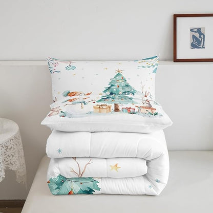 Cute Snowman Comforter Set Full Size,Cartoon Rabbit Christmas Tree Bedding Set 3Pcs for Kids Girls Boys Teens Room Decor,Merry Christmas Quilt Set Winter Snowflake Duvet Insert,2 Pillowcases