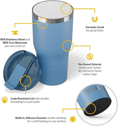 RTIC 30oz Essential Tumbler with Lid, Insulated, Stainless Steel, Metal, Double Wall Vacuum-Insulation, Ceramic Lined, Travel Cup for Iced Coffee, Tea, Hot and Cold Drink, Denim