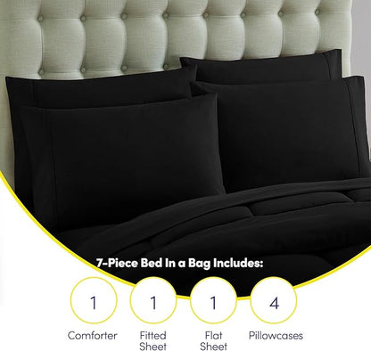 King Size Comforter Set with Sheets - 7-Piece Bedding Collection - 1 Comforter, 1 Fitted Sheet, 1 Flat, 4 Pillowcases - Deep Pocket - Soft & Breathable Premium Quality - Ideal for All Seasons, Black