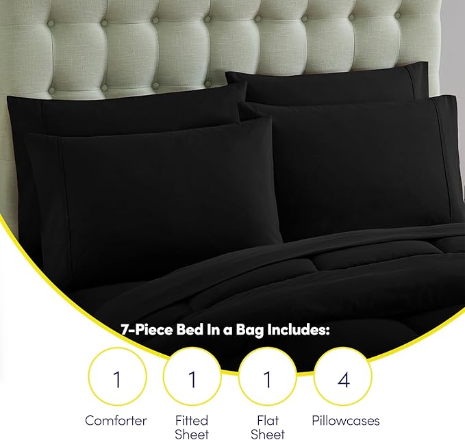 RV Short Queen Comforter Set for RV Camper - Comforter Set with Fitted & Flat Sheet, 4 Pillowcases - Tailored for RV Short Queen Beds - Cozy Essentials for Your RV Bedroom, Black