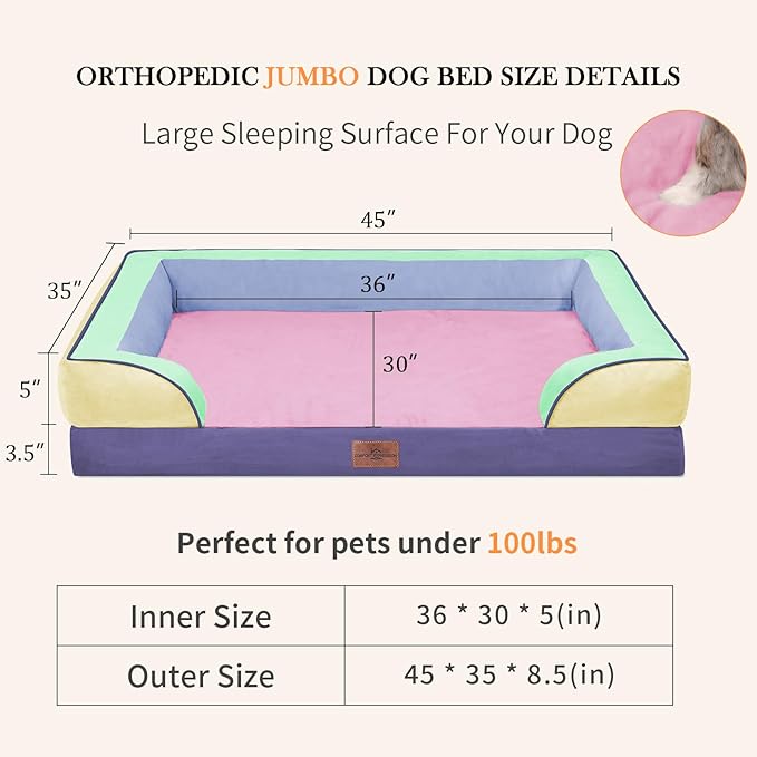 Comfort Expression Orthopedic Dog Bed for Extra Large Dogs 45x35 Inch, Waterproof Egg Crate Foam XL Pet Bed with Removable Bolsters, Dog Couch with Washable Cover & Non-Slip Bottom, Frosted Grape