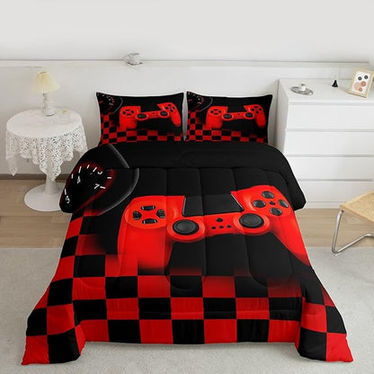 Erosebridal Gamer Bedding Sets for Boys Gaming Comforter Sets Twin Size for Kids Teen Boys Gamer Room Decor Video Game Gamepad Bedding Set with Plaid Check Grid Duvet Insert Soft All Season,Black Red