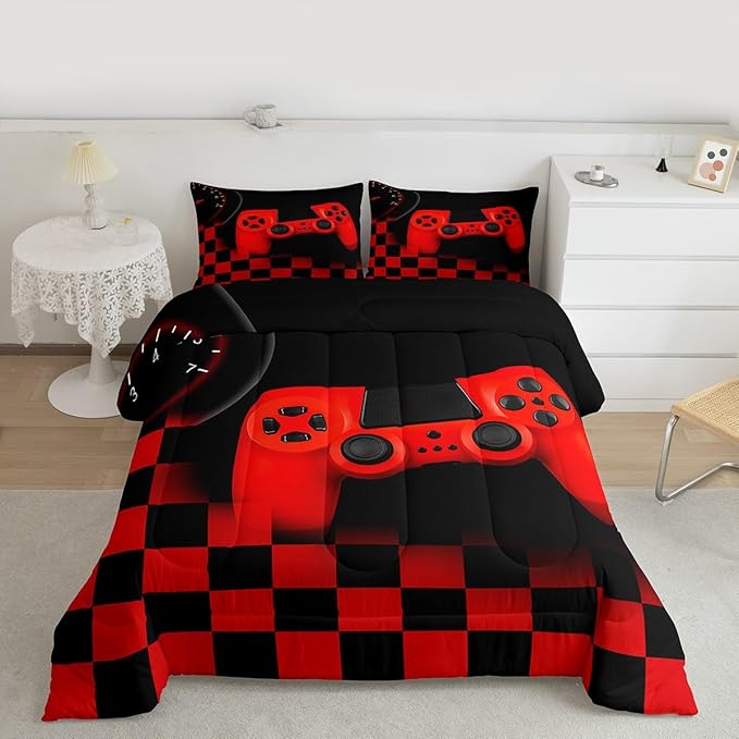 Gaming Comforter for Boys Teen,Game Controller Bedding Set for Kids,Down Alternative Comforter for All Season,Gamer Home Decor for Young Man Comforter Set with Buffalo Check Plaid Duvet Quilted,Queen