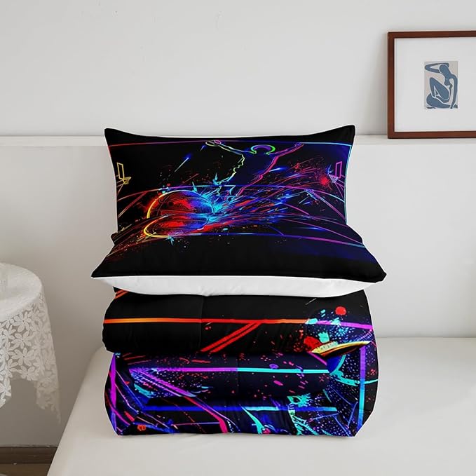 Erosebridal Basketball Comforter Set Queen 3D Sports Bedding Sets for Boys Teens Kids Men Tie Dye Fire and Ice Comforter Player Sport Game Warm Soft Lightweight Red Blue Quilt Set, Black