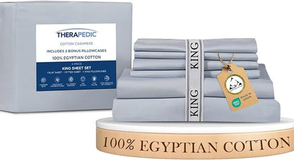 Therapedic 100% Egyptian Cotton King 6-Piece Sheet Set – Naturally Cooling & Breathable Sateen, Preshrunk Garment Wash, 16" Deep Pocket Fitted Sheet, Bonus Pillowcases, Soft & Durable - Light Blue