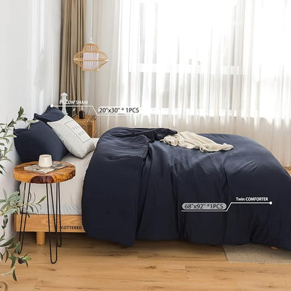 COTTEBED Sliky Soft Fluffy Bedding Comforters Sets for Twin Size Bed, Light Weight All Season Use,Made with Cozy Washable Cotton Microfiber Reversible Fabric,1 Comforter & 1 Pillow Sham,Navy Blue
