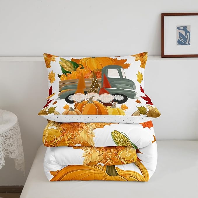 Fall Pumpkins Comforter Set Cute Autumn Gnomes Bedding Sets Thanksgiving Harvest Season Theme Comforter King Gifts For Kids Teen Adults,Maple Leaves Soft Microfiber Quilt Duvet 2 Pillow Cases