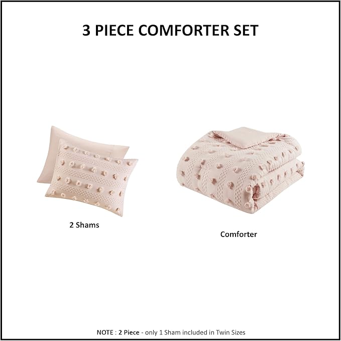 Intelligent Design Twin Comforter Set, Clipped Jacquard Comforter Set Chic Pompoms Accent, All Seasons Lightweight & Fluffy Comforter Bed Set with 1 Sham, Lucy, Twin/Twin XL Pink 2 Piece