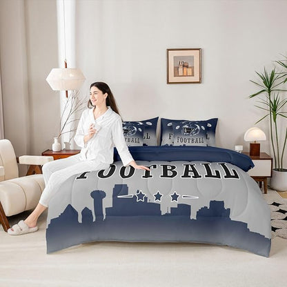 Erosebridal American Soccer Bed in A Bag Football City Queen 7 Pcs Bedding Set for Kids Boys Girls,Sports Rugby Comforter Set with Sheets for Ball Fans Gift,Competitive Ball Games Bed Set