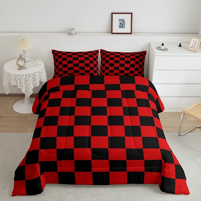 Feelyou Checkered Bedding Set Teen Women Men Red Black Plaid Comforter Set Queen Size Kids Boys Girls Cute Retro Neutral Checkerboard Geometric Duvet Insert Vintage Aesthetic Room Decor