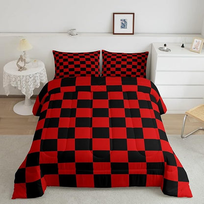 Feelyou Checkered Bedding Set Teen Women Men Red Black Plaid Comforter Set Queen Size Kids Boys Girls Cute Retro Neutral Checkerboard Geometric Duvet Insert Vintage Aesthetic Room Decor