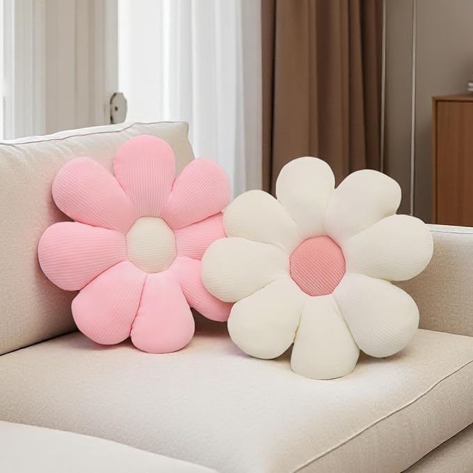 2 Pcs Preppy Flower Decorative Throw Pillows Set for Bed Couch Sofa, 15.35" Cute Pink White Flower Daisy Shaped Pillow for Aesthetic Preppy Bedroom Room Dorm Classroom Decor (White+Pink, 15.35 Inch)