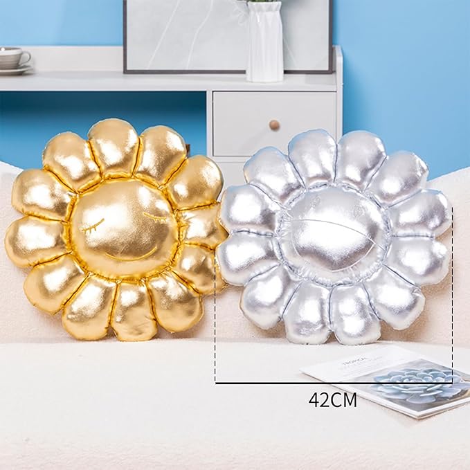 FIONOUT Silver Flower Pillow,16.53" Sunflower Plush Pillows for Bedroom Aesthetic, Soft Smiley Face Pillow Flower Floor Cushion,Cute Daisy Plush for Room Decor