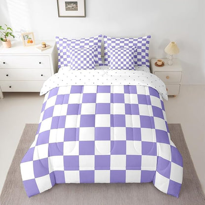 Feelyou Checkered Retro Comforter Set with Sheets 7 Piece King Size Purple Plaid Bedding Set for Kids Boys Girls Geometric Vintage Bed in a Bag Modern Simple Groovy Aesthetic Room Decor Soft