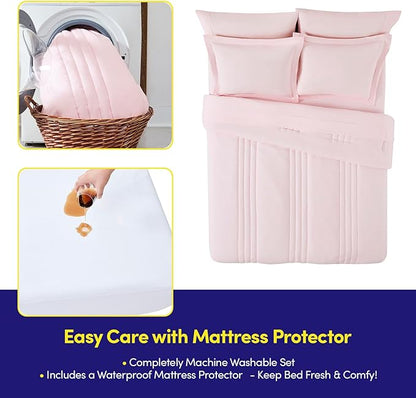 Queen Comforter Set Quilted Stripe Bedding Bundle – Stylish Set with Comforter, Mattress Protector, Sheet Set & Pillow Shams — Sophisticated Striped Design for Home & Guest Rooms, Pale Pink