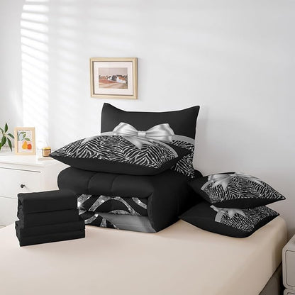 Feelyou Silver Bowknot 7 Piece Bedding Set Full Size Glitter Print Comforter Set with Sheets for Kids Girls Adult Cute Bowknot Bed in a Bag Black Silver Bed Set