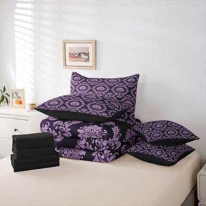 Erosebridal Black and Purple Damask Twin Comforter Set with Sheets | Antique Decor Gothic Vintage Floral 7 Piece Bedding Set Goth Victorian Bed in a Bag, Luxury Bohemian Room Decor