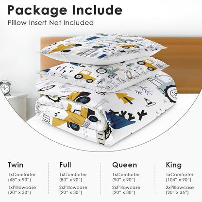 Cute Car Truck Construction Comforter Set for Boys Teens Toddlers Adults Full, Tractor Excavator Boho Bedding Sets Water Washed Microfiber Bedding with 1 Comforter 2 Pillowcase All Season