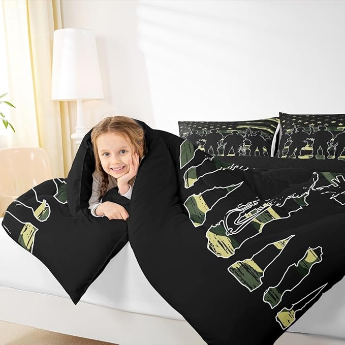 American Flag Comforter Set Twin for Boy Teen ArmyGreen Camouflage Down Comforter Adult Men Soldier Silhouettes Quilted Duvet Military Style Camo Bedding Comforters, 1 Comforter Set + 1 Pillowcase