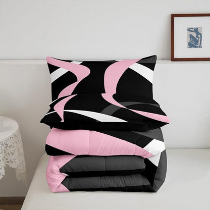 Erosebridal Abstract Black Pink Bedding Comforter Sets Dark Grey White Striped Bedding Set Full for Kids Girls Teen Women Geometric Swirl Stripes Down Comforter Modern Fashion Quilt Duvet